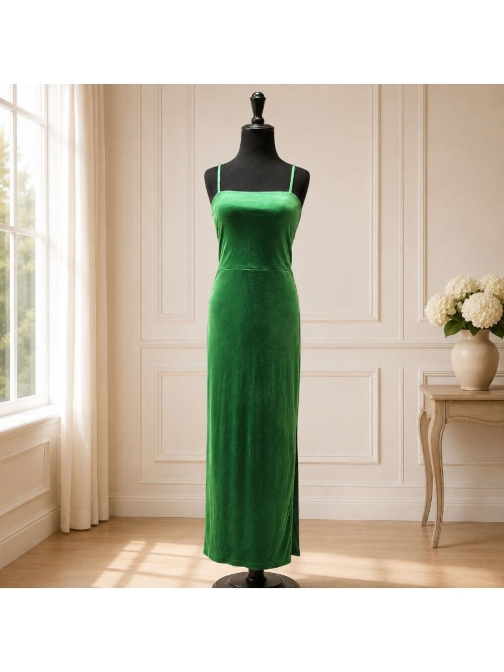 Wild Fable Emerald Green Satin Lace Back Midi Dress Women's L Side Slit